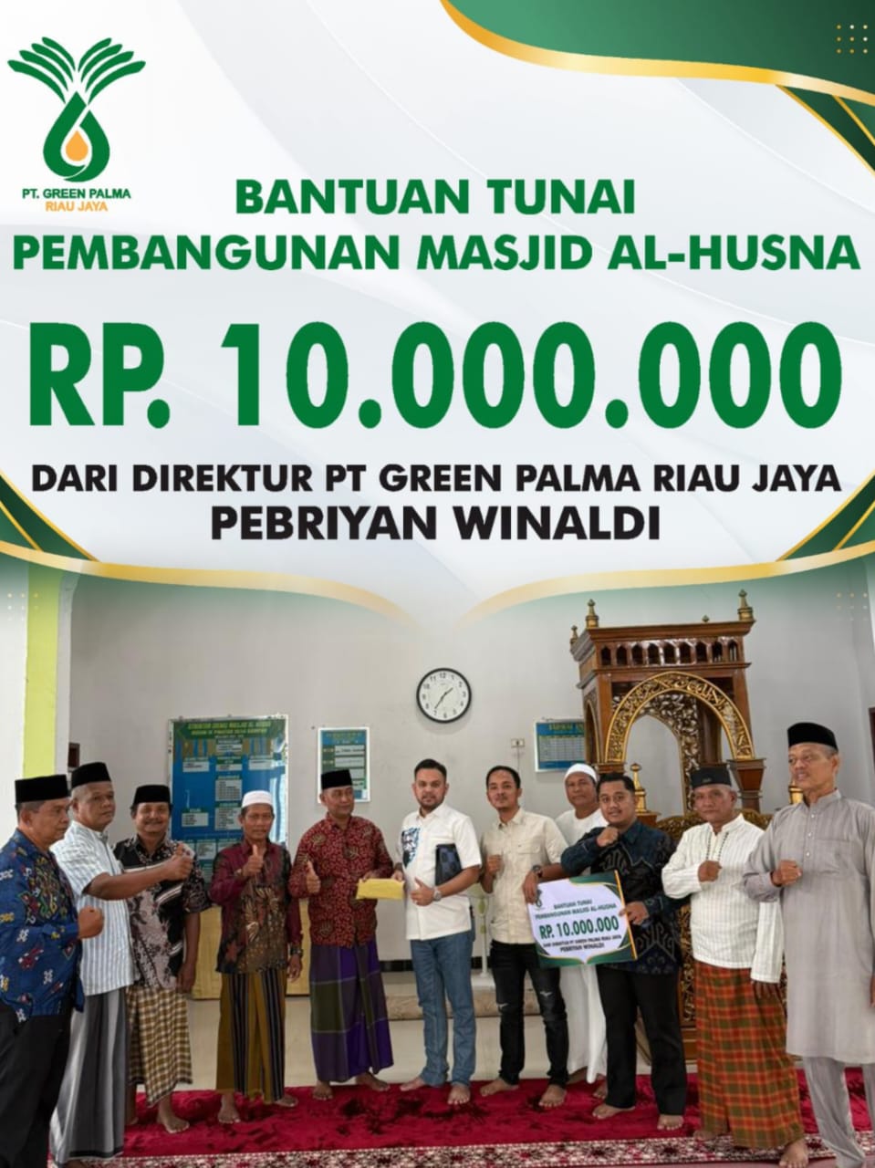 Jumat Berkah di Kampa: Direktur PT Green Palma Riau Jaya Serahkan Bantuan Rp10 Juta untuk Pembangunan Masjid Al-Husna